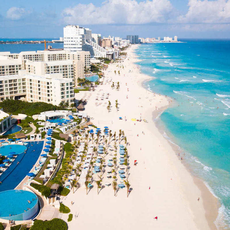 Aerial View Of The Hotel Zone And Playa Delfines In Cancun, Quintana Roo, Mexico