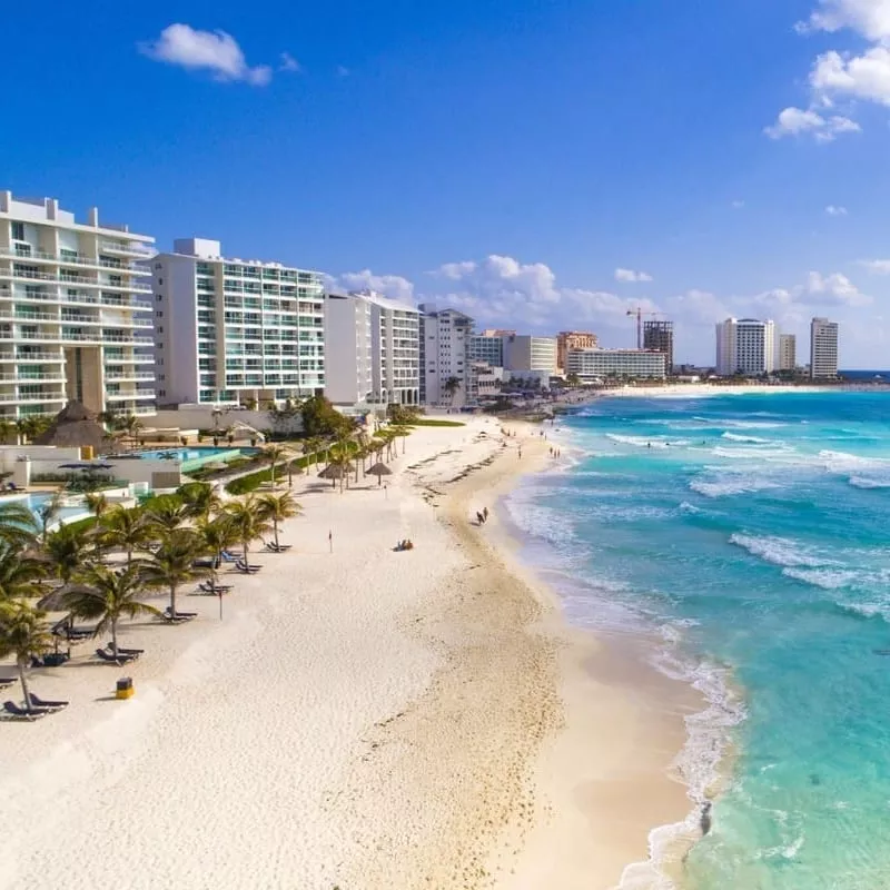 Aerial View Of The Hotel Zone Beachfront In Cancun, Quintana Roo, Riviera Maya, Mexican Caribbean, Mexico, Latin America