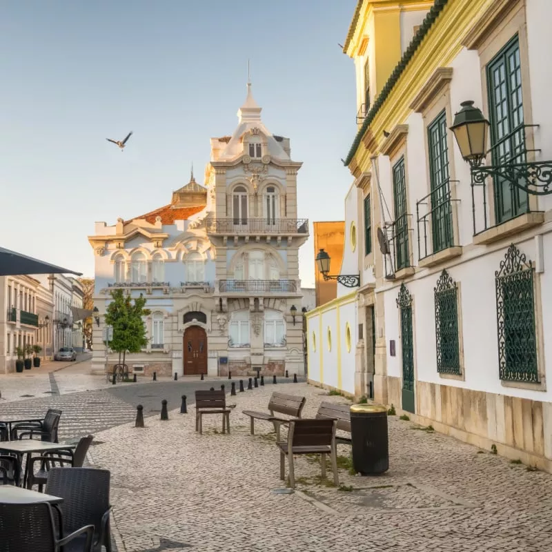 Belmarco Mansion in the city center of Faro, Algarve, Portugal. Morning scene from the Faro old town, South Portugal