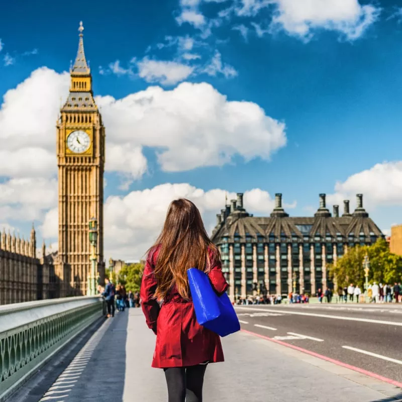 London city urban lifestyle tourist woman walking. Businesswoman commuting going to work on Westminster bridge street early morning. Europe travel destination, England, Great Britain, UK (1)