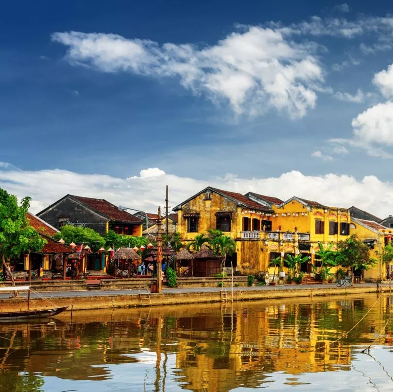 port town with yellow buildings