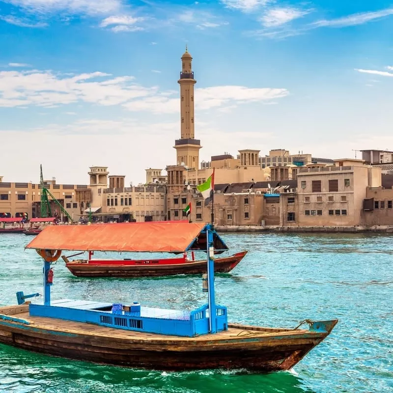 A Boat Docked By The Old Harbor In Dubai, United Arab Emirates, Middle East