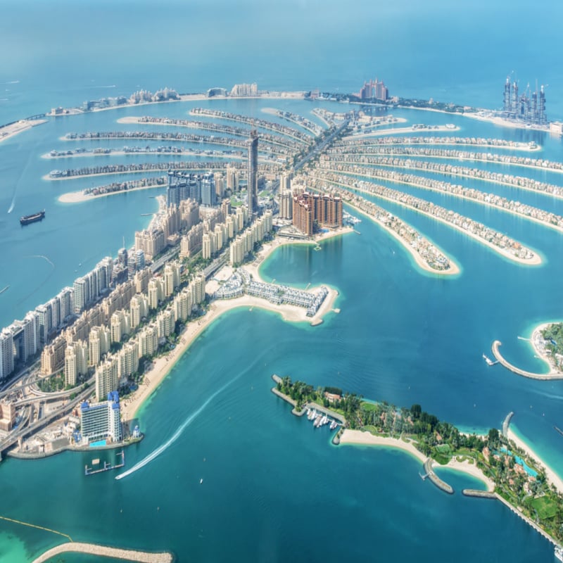 Aerial view of Dubai Palm Jumeirah island, United Arab Emirates