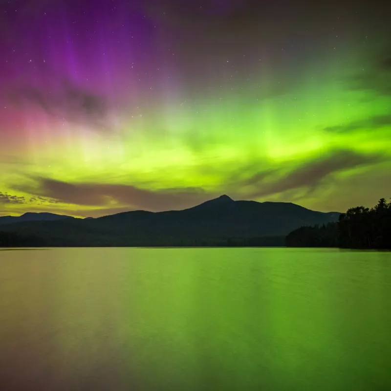 An impressive display of the Northern Lights during a summer in the White Mountains of New Hampshire.