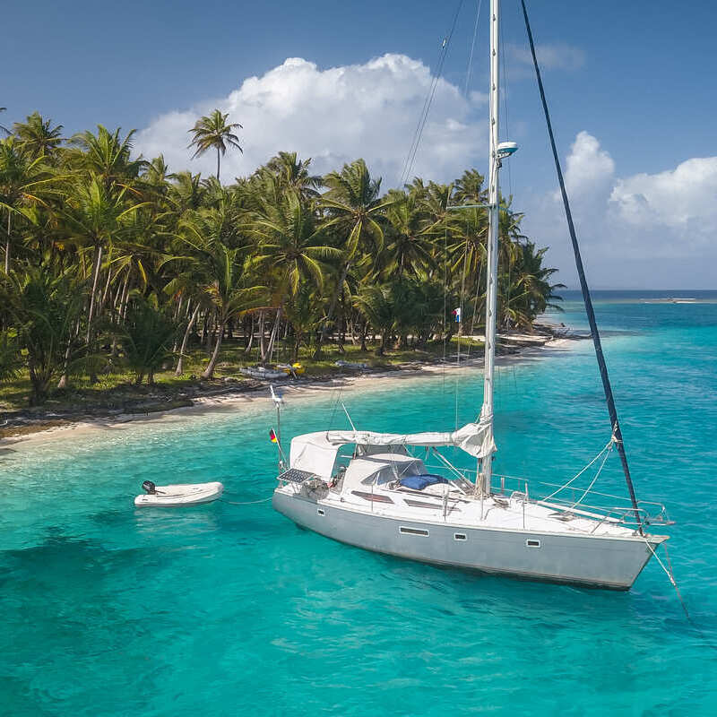 White Yacht Off The Coast Of An Island In San Blas, Panama, Central America