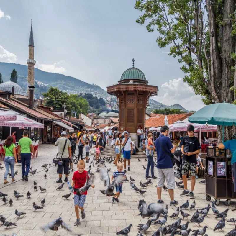 Bascarsija square with Sebilj wooden fountain in Old Town Sarajevo