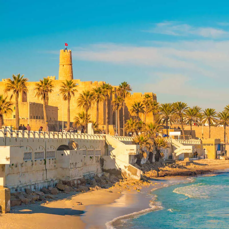 Historic Ribat Fortress Facing The Mediterranean Ocean On The Coast Of Tunisia, North Africa