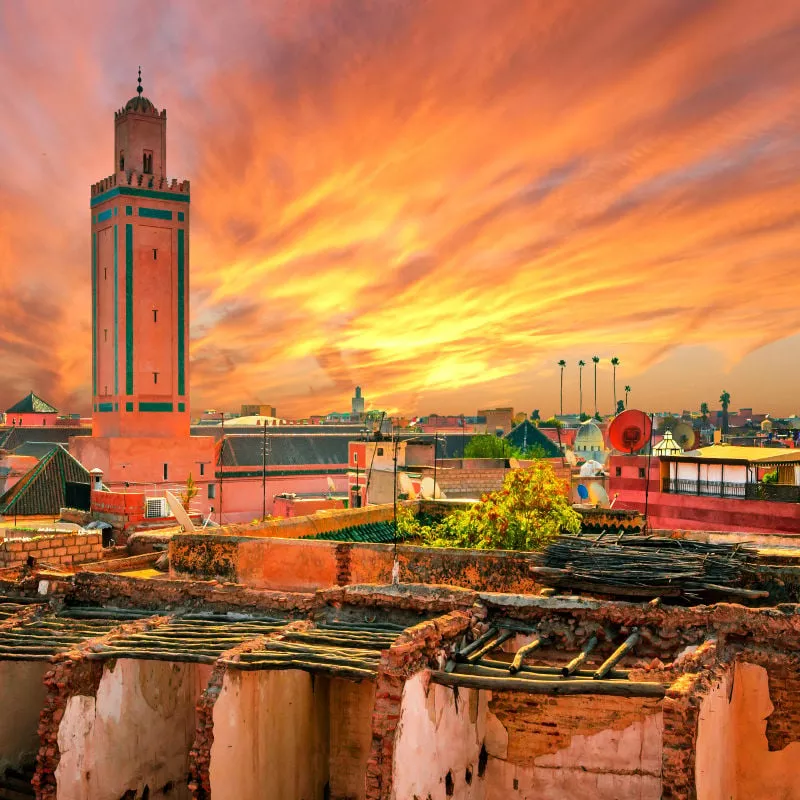 Panoramic sunset view of Marrakech and old medina, Morocco