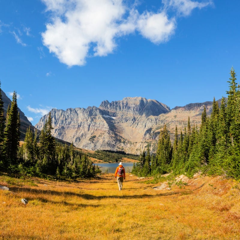 Picturesque rocky peaks of the Glacier National Park, Montana, USA. Autumn season. Beautiful natural landscapes