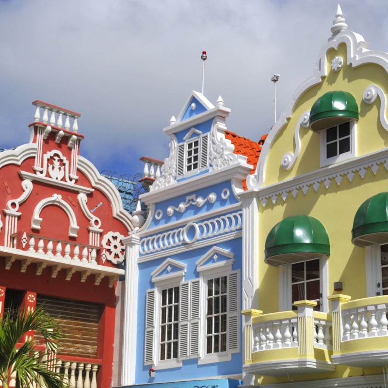 Typical dutch design architecture . Center square in Oranjestad Aruba Caribbean