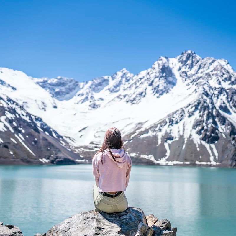 Woman Looking At The Landscape In The Andes Mountains Near Santigao De Chile, Chile, Latin America