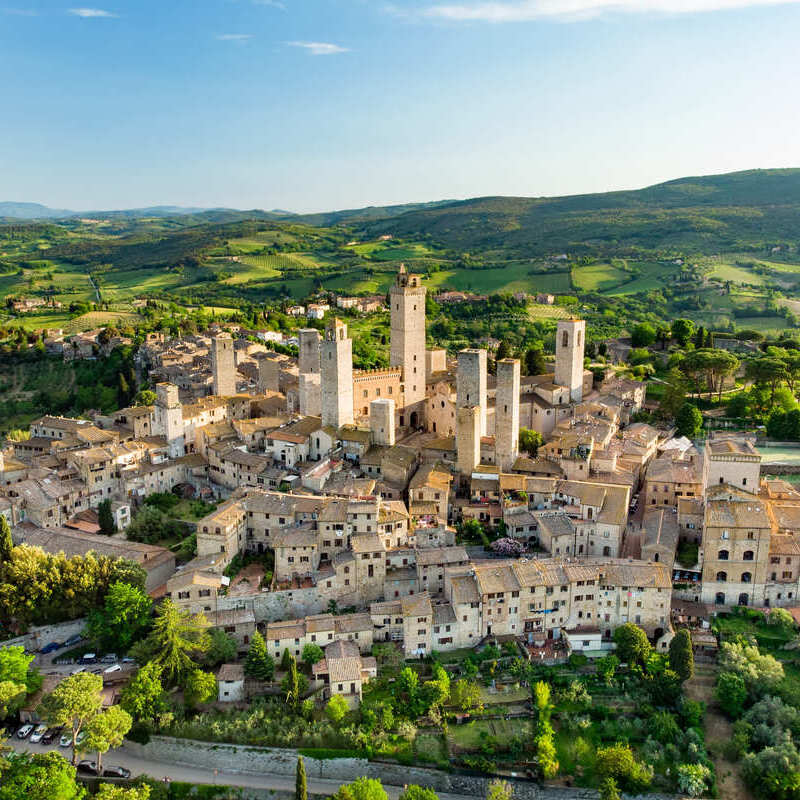 Aerial View Of San Gimignano, A Historic Medieval Hilltop Town In The Tuscan Countryside, Tuscany, Italy, Southern Europe