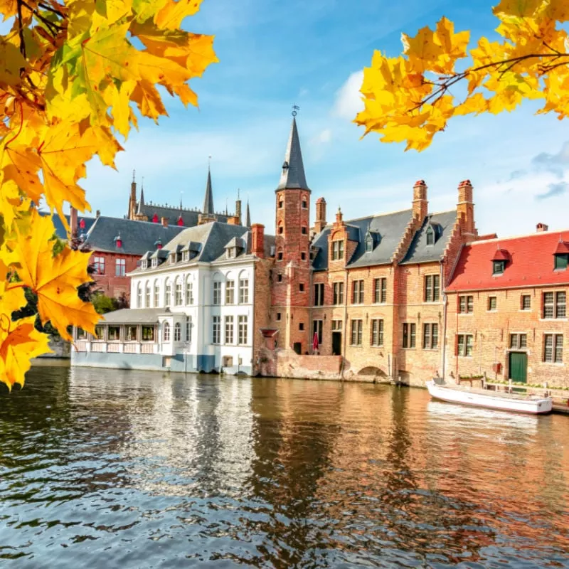 Bruges canals and medieval architecture in autumn, Belgium