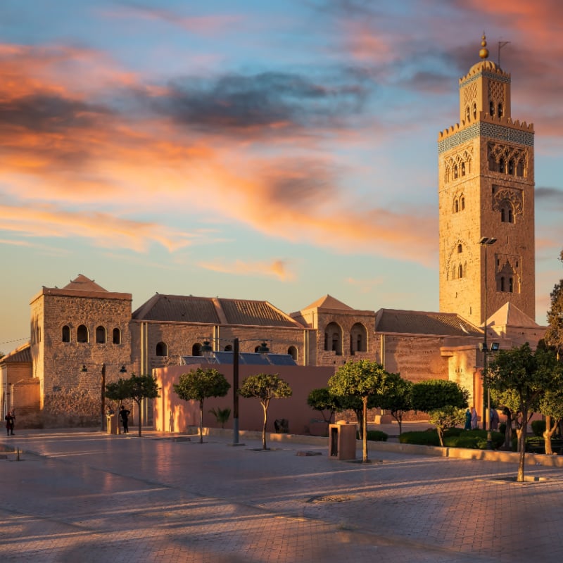 Koutoubia Mosque at sunset in Marrakesh Morocco