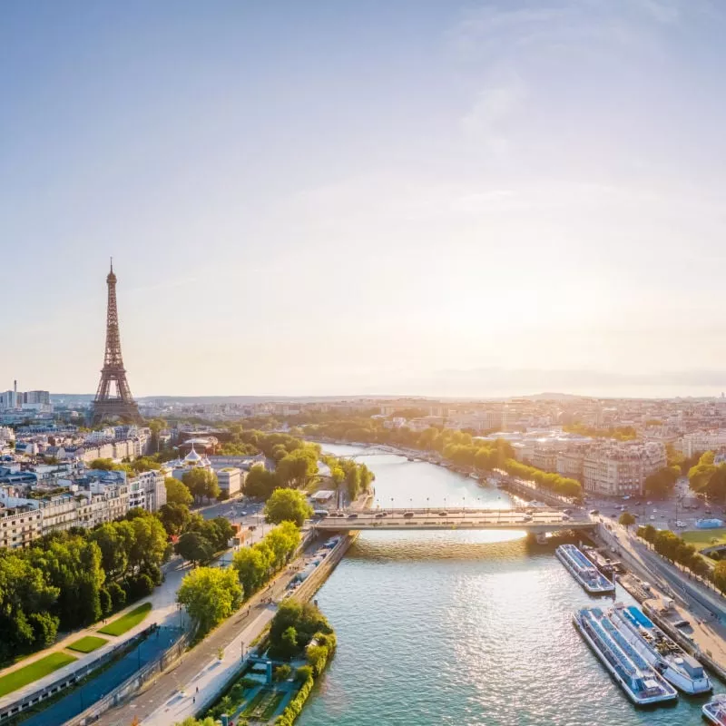 Paris aerial panorama with river Seine and Eiffel tower, France