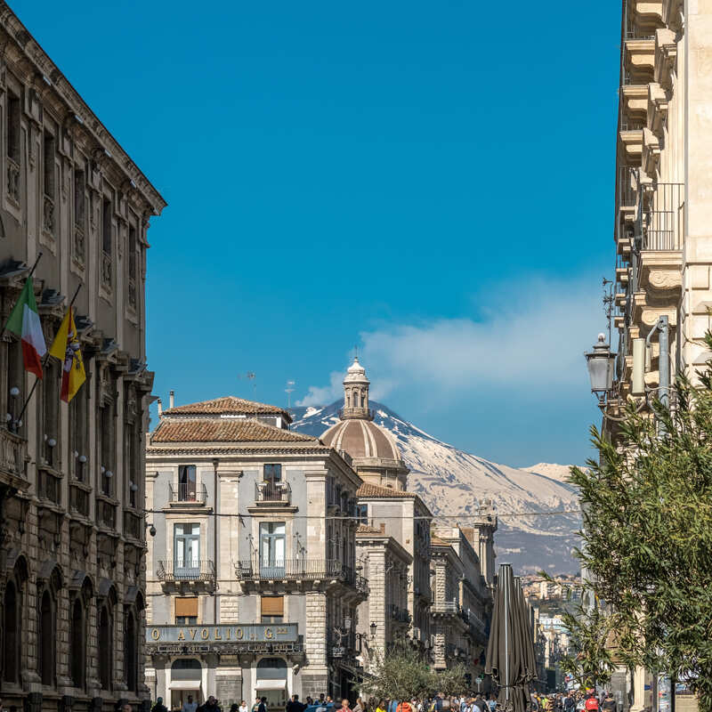 Streets Of Catania With Mout Etnia For Background, Sicily, Italy, Mediterranean Europe