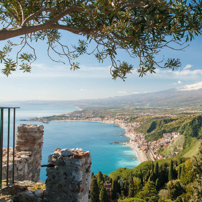 The Mediterranean Coastline Of Sicily Seen From An Ancient Viewpoint, Italy, Southern Europe