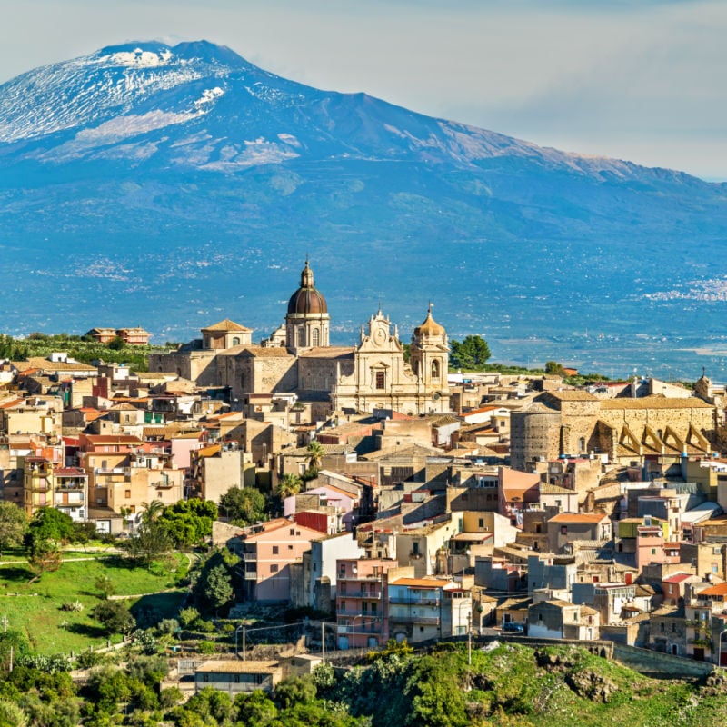 View of Militello in Val di Catania with Mount Etna in the background