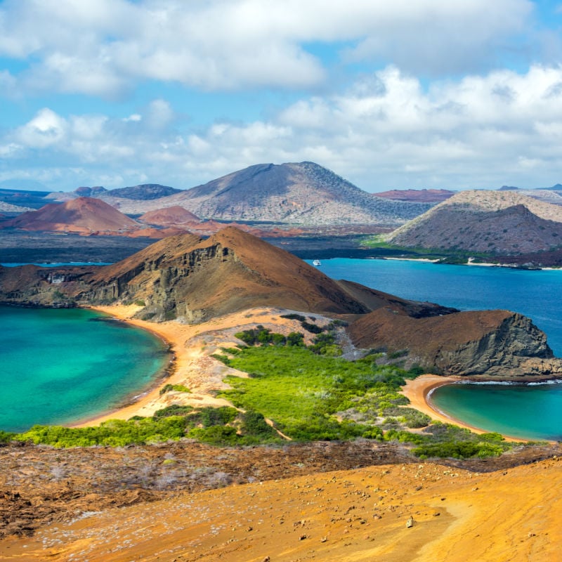 View of two beaches on Bartolome Island in the Galapagos Islands in Ecuador