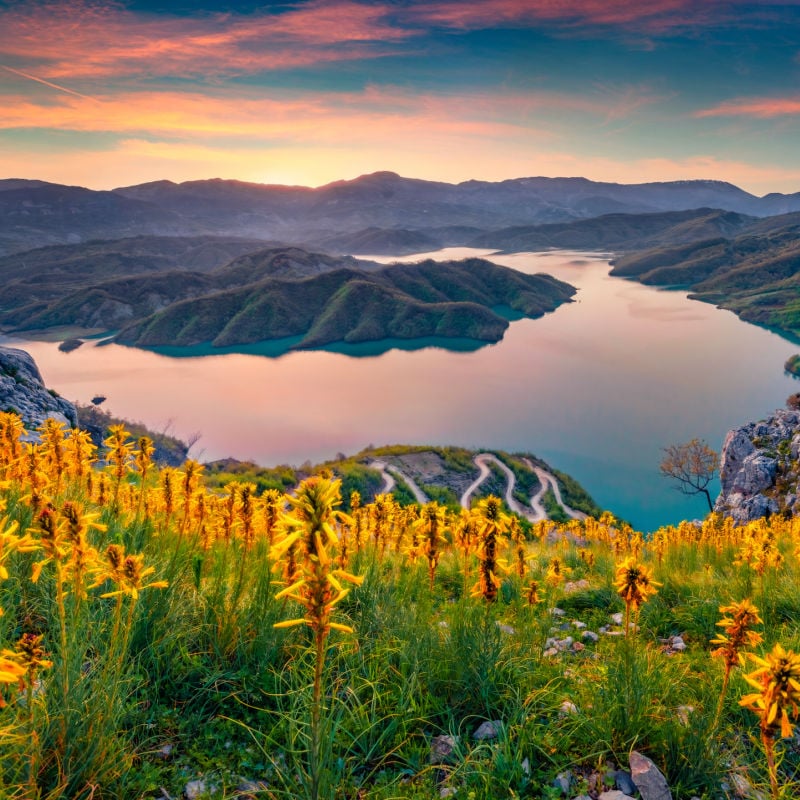 sunrise on Bovilla Lake, near Tirana, Albania