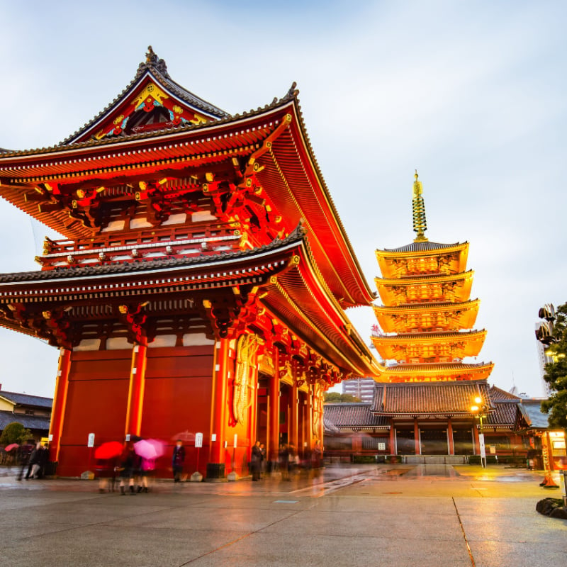 Tokyo at night with the Senso-ji temple in Tokyo, Japan