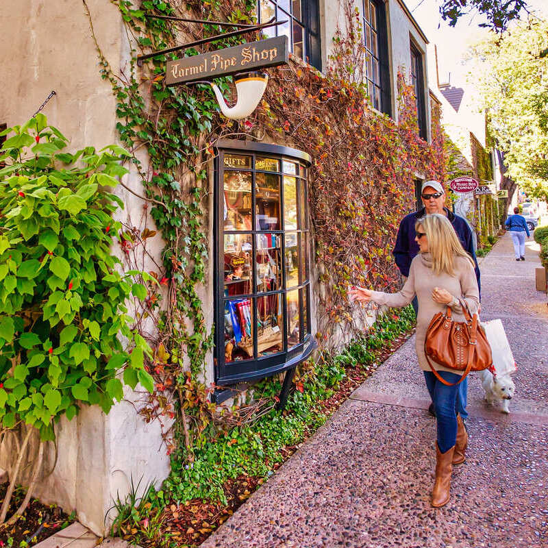 Tourists Walking And Looking At Shops In Carmel-By-The-Sea, A Historical Town In California, United States