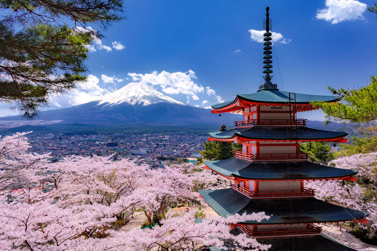 View Of Mount Fuji And A Picturesque Japanese Temple In Japan, East Asia