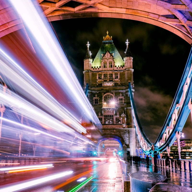 long exposure picture of tower bridge at night in london