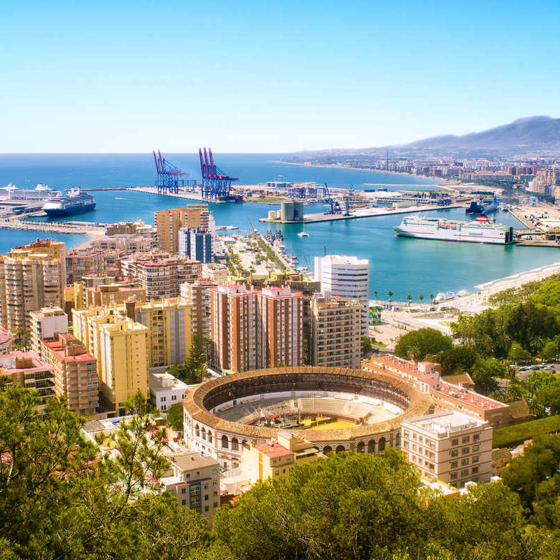 Aerial View Of Malaga Bullring Harbor, Malaga, Spain