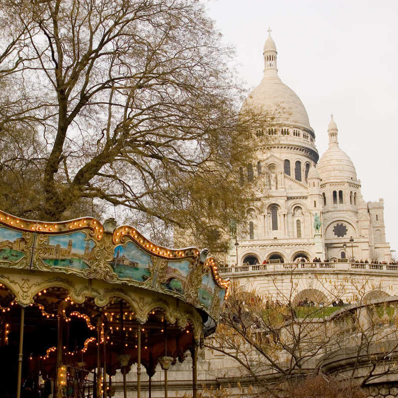 Carroussel de Saint-Pierre And Basilique du Sacre-Coeur Seen From Square Louise Michel, At The Foot Of Montmartre, A Romantic District Of Paris, France, Central Europe