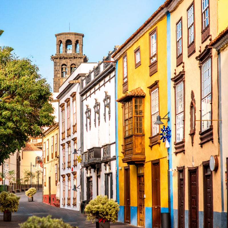 City street view with church tower in La Laguna town on Tenerife island