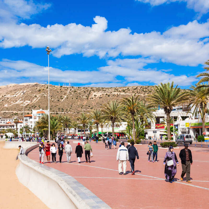 The Corniche Boardwalk Facing The Atlantic Sea In Agadir, A Coastal City In Morocco, North Africa