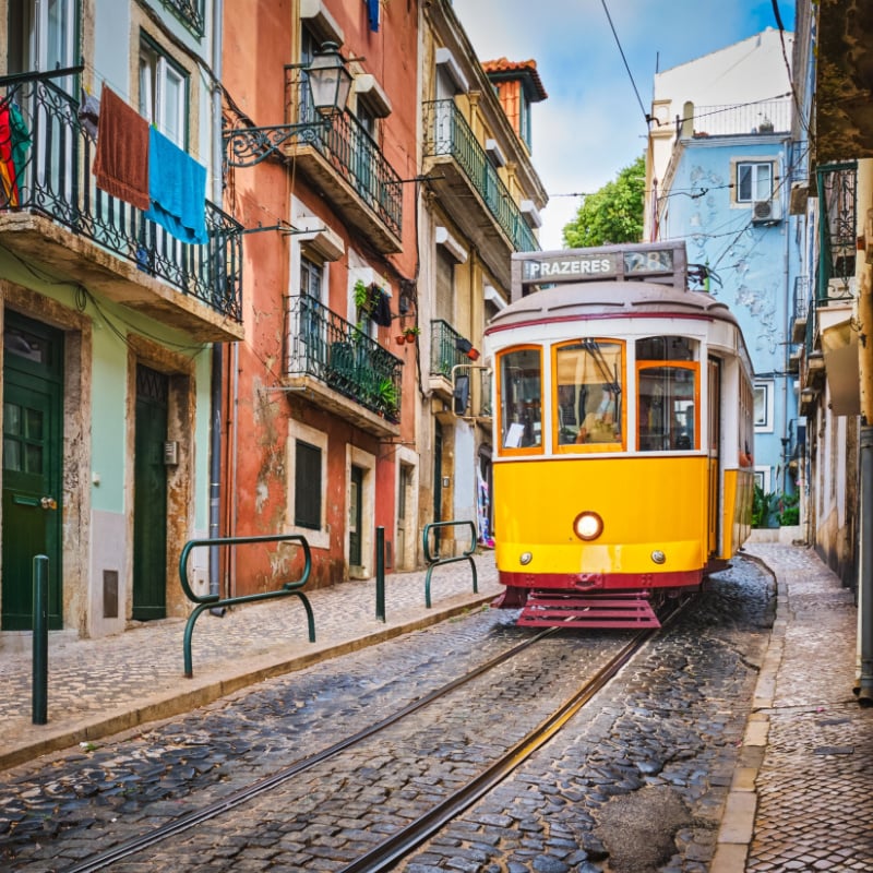 yellow tram 28 in the narrow streets of Alfama district in Lisbon, Portugal