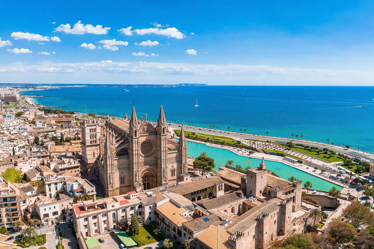 Aerial View Of Old Town Palma de Mallorca With The Gothic Cathedral And Mediterranean Sea Pictured, Palma, Spain