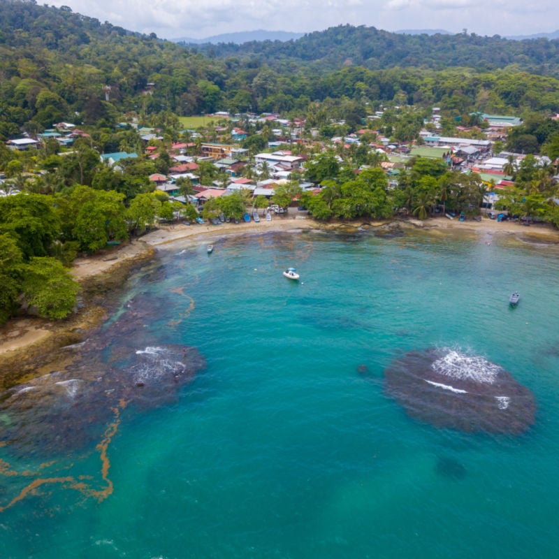 Beautiful aerial view of Puerto Viejo Beach in Costa Ricas Caribbean