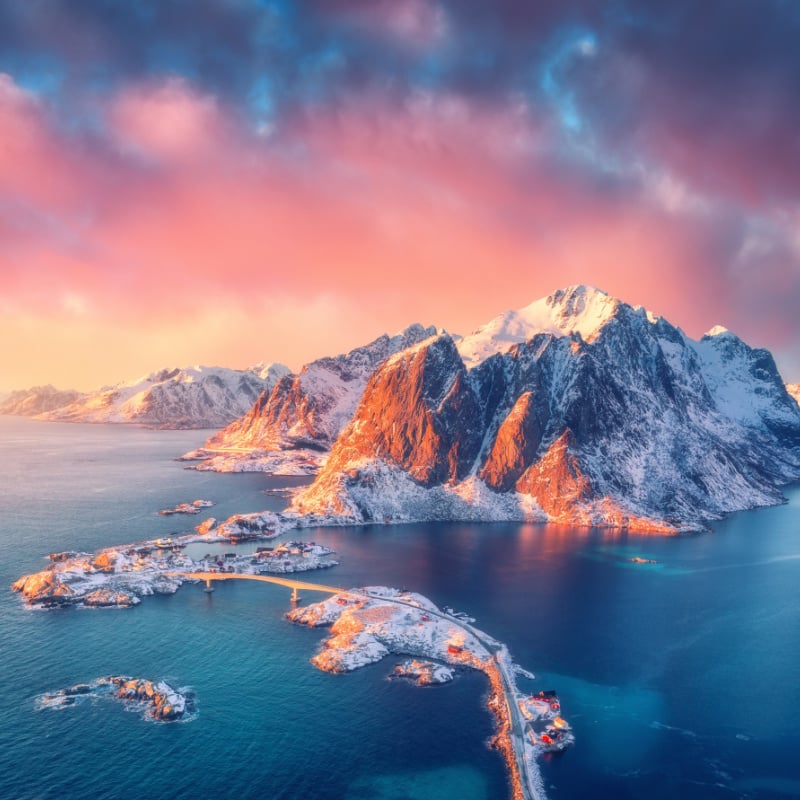 Hamnoy in snow in winter in Lofoten islands, Norway