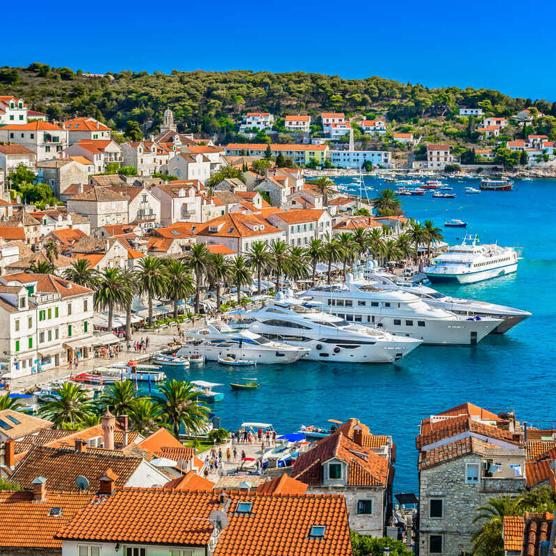 Hvar Town In The Island Of Hvar, Croatia, Seen From Atop The Fortress, Adriatic Sea