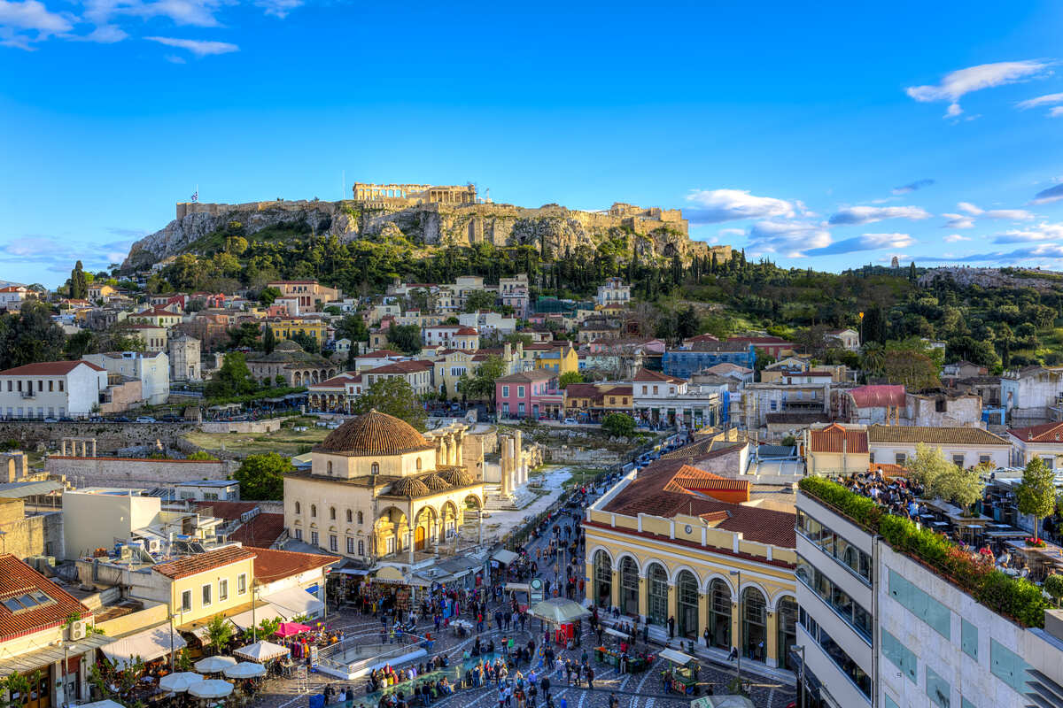 Panoramic View Of Monastriki Square And The Acropolis Hill In Athens, Greece, South Eastern Europe