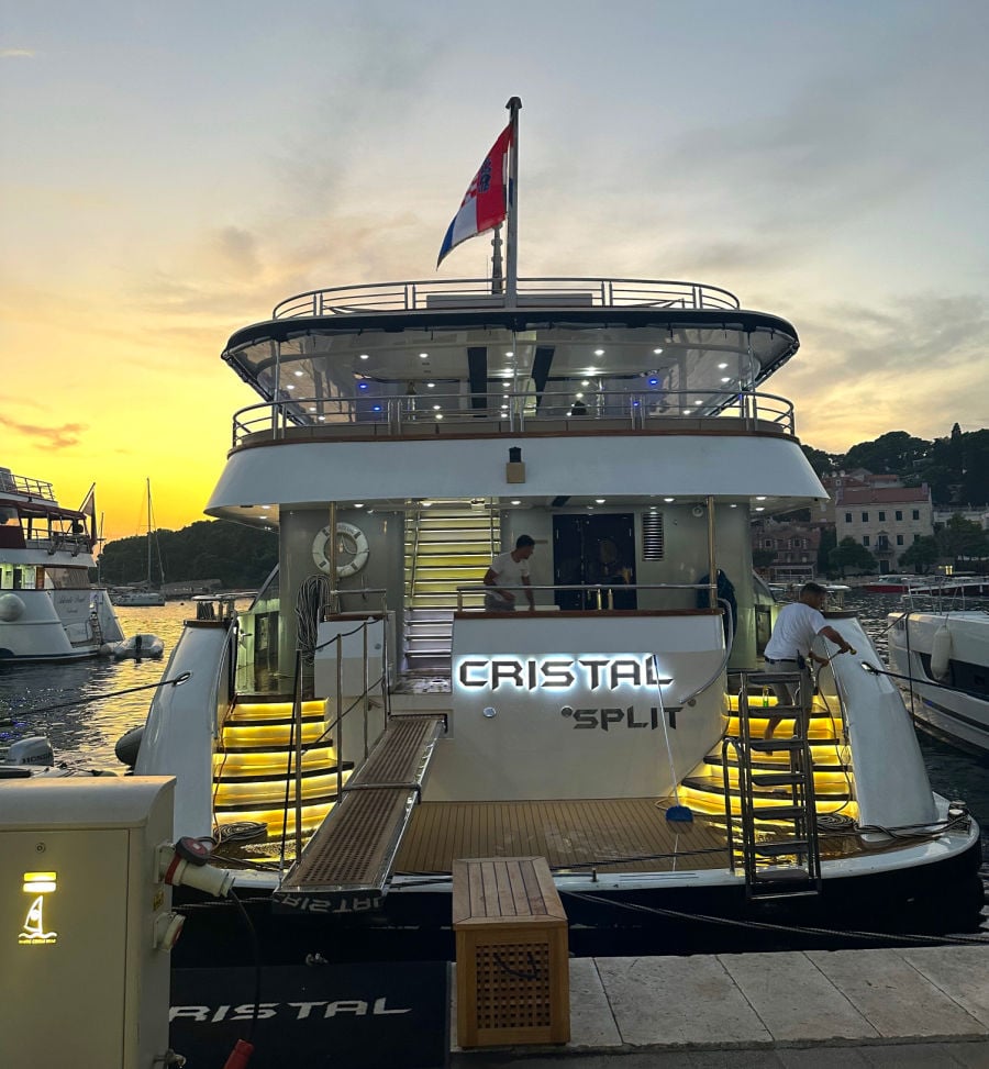 Cristal Yacht from Split Croatia at sunset in port 