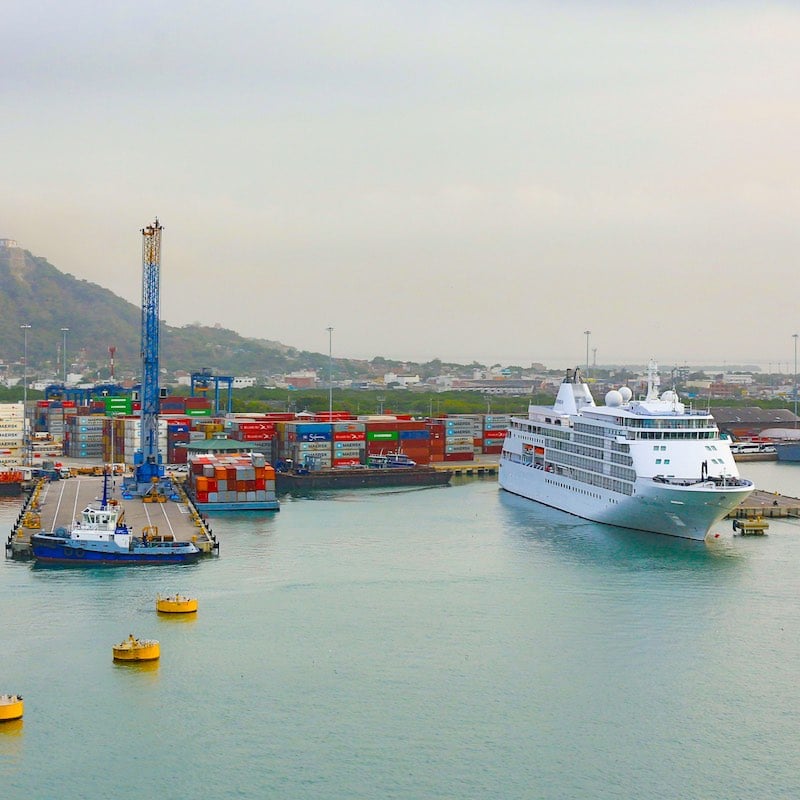 Cruise ship, cranes and containers at the pier of the Port Of Cartagena, Colombia