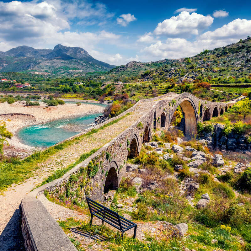 Old Mes Bridge In Albania, South Eastern Europe, Balkan Peninsula