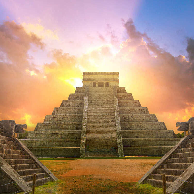 The Chichen Itza Pyramid In Mexico During Sunset, Mayan Ruins