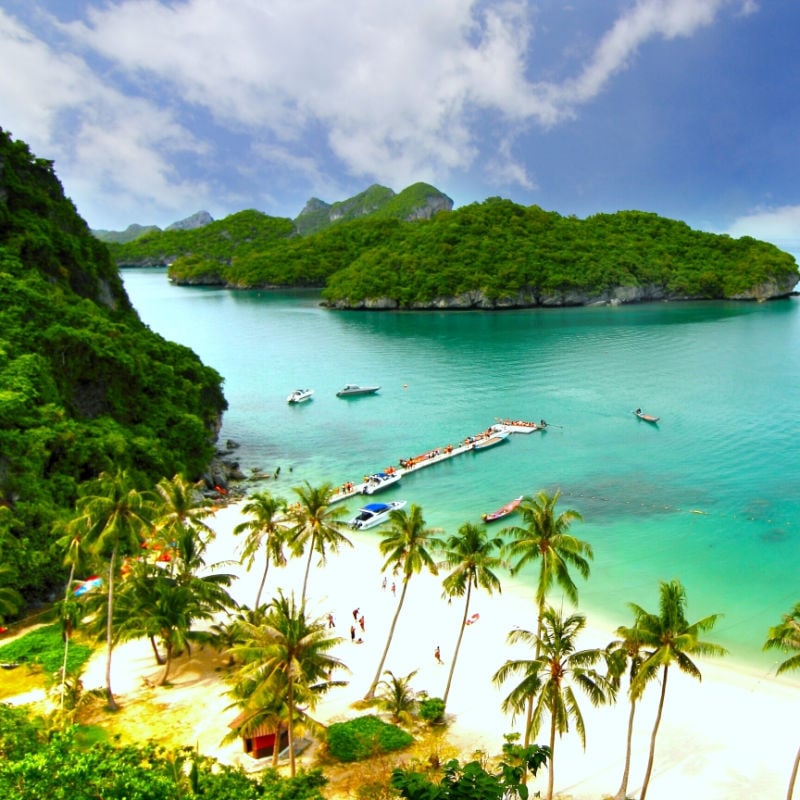 Aerial-View-of-Beach-with-Palm-Trees-On-Koh-Samui-Thailand