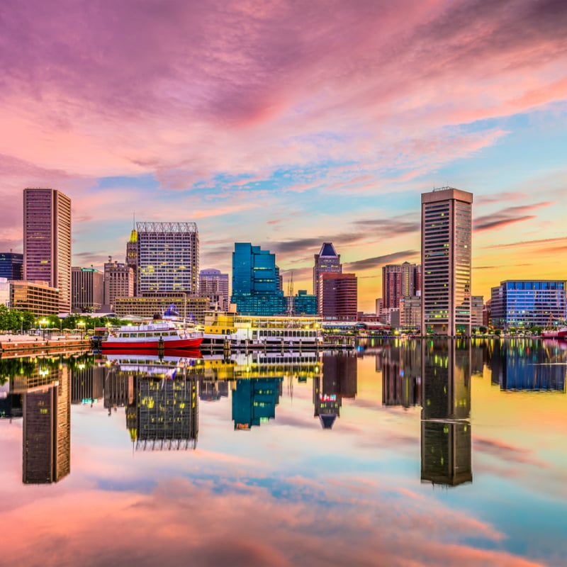 Beautiful glowing sunset over Baltimore skyline