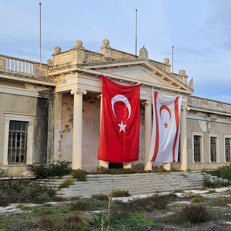 North Cyprus And Turkish Flags Flying Before A Public Building In North Cyprus, Southern Europe