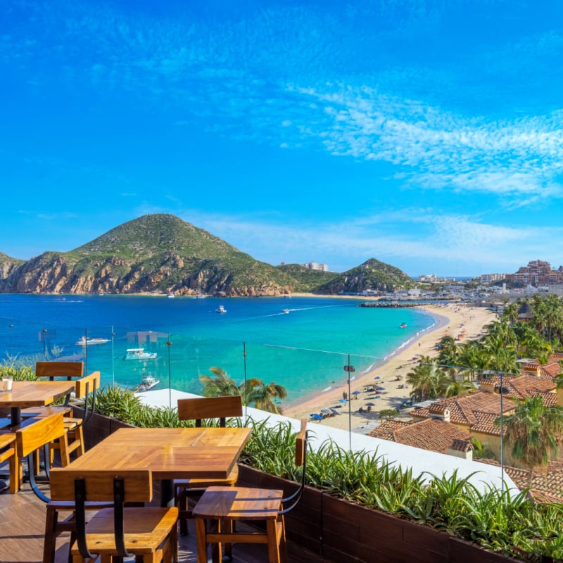 Scenic panoramic aerial view of Los Cabos landmark tourist destination Arch of Cabo San Lucas