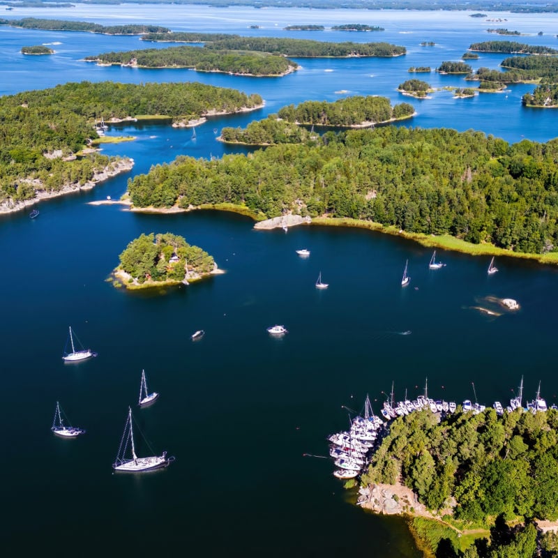 aerial view of lush green islands in the stockholm archipelago sweden