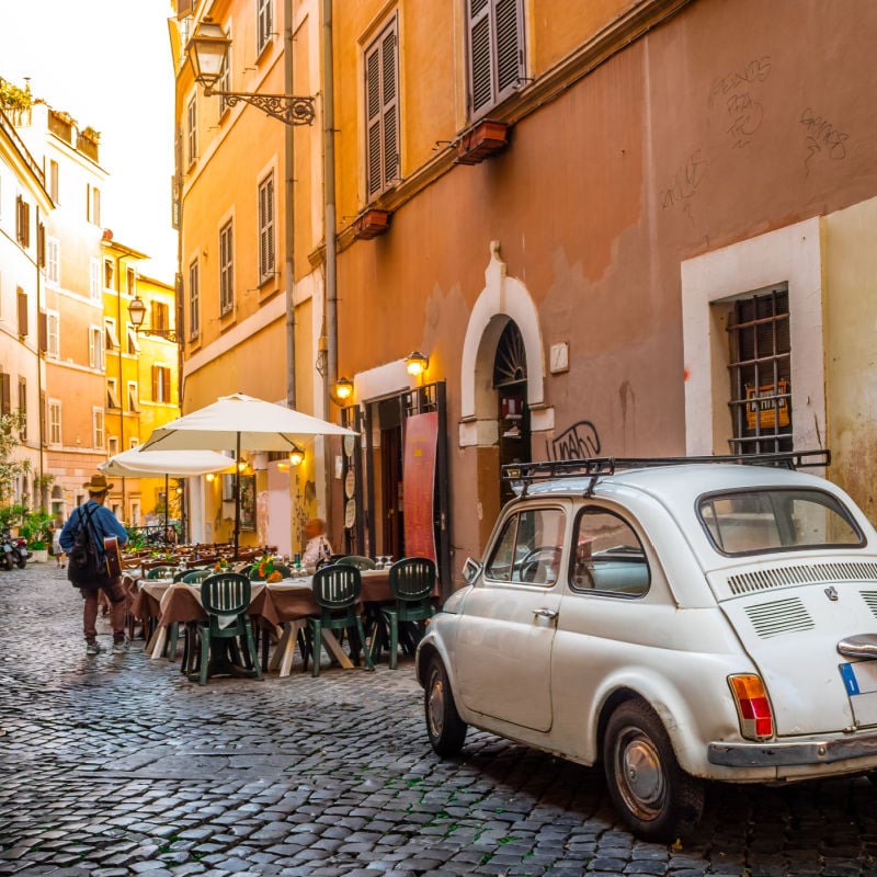 cute cobbled street in Trastevere in Rome Italy