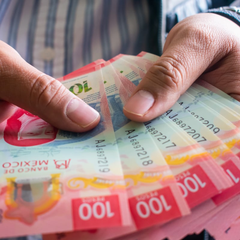 A Young Tourist Holding Mexican Pesos In Hand, Mexico, Latin America