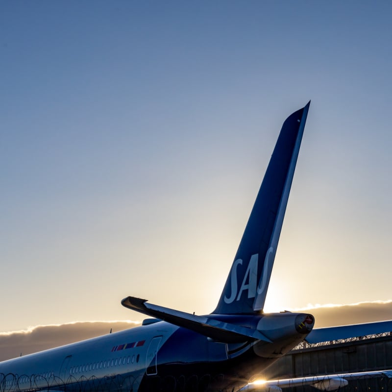 tail of an sas scandinavian airlines plane at sunset in copenhagen